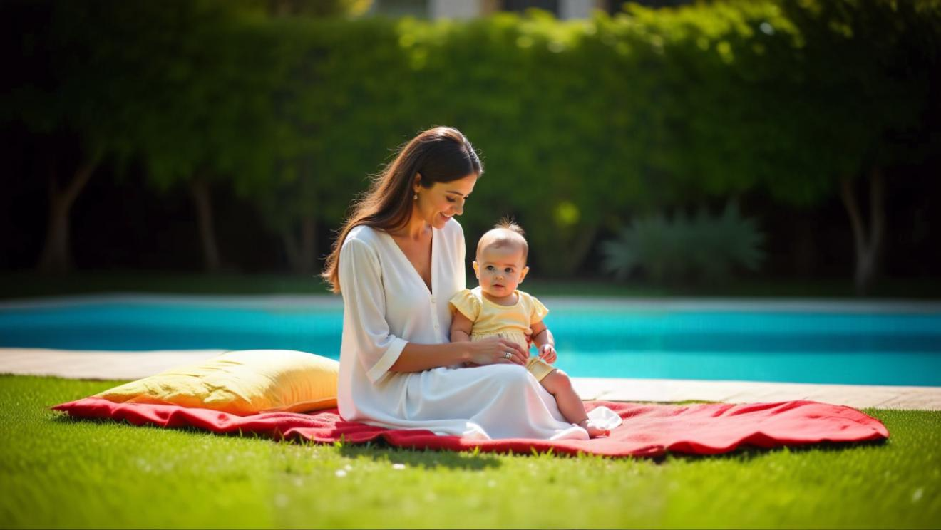 Comment habiller son bébé lorsqu’il fait chaud . maman au bord de la piscine avec un bébé dans les bras